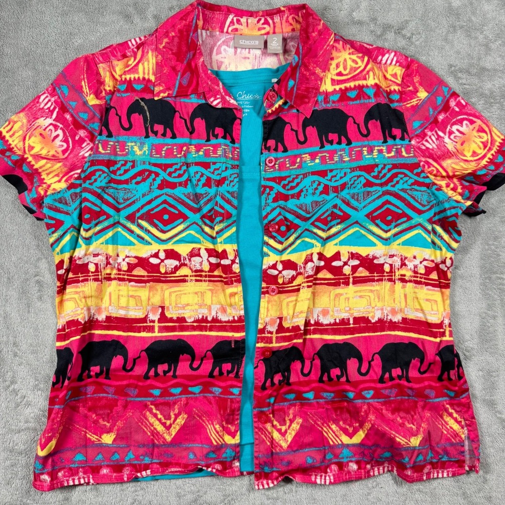 CHICO'S African Safari Blouse Women's Size 2‎ Button-Up Short Sleeve